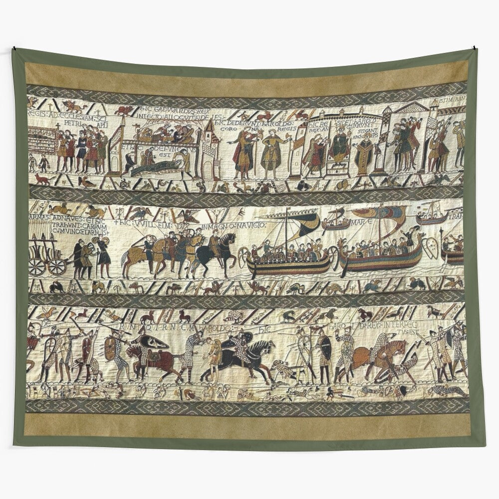 Detailed medieval tapestry depicting the Battle of Hastings