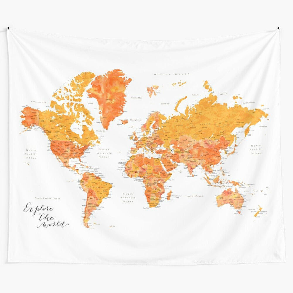 Watercolor world map tapestry with inspirational quote