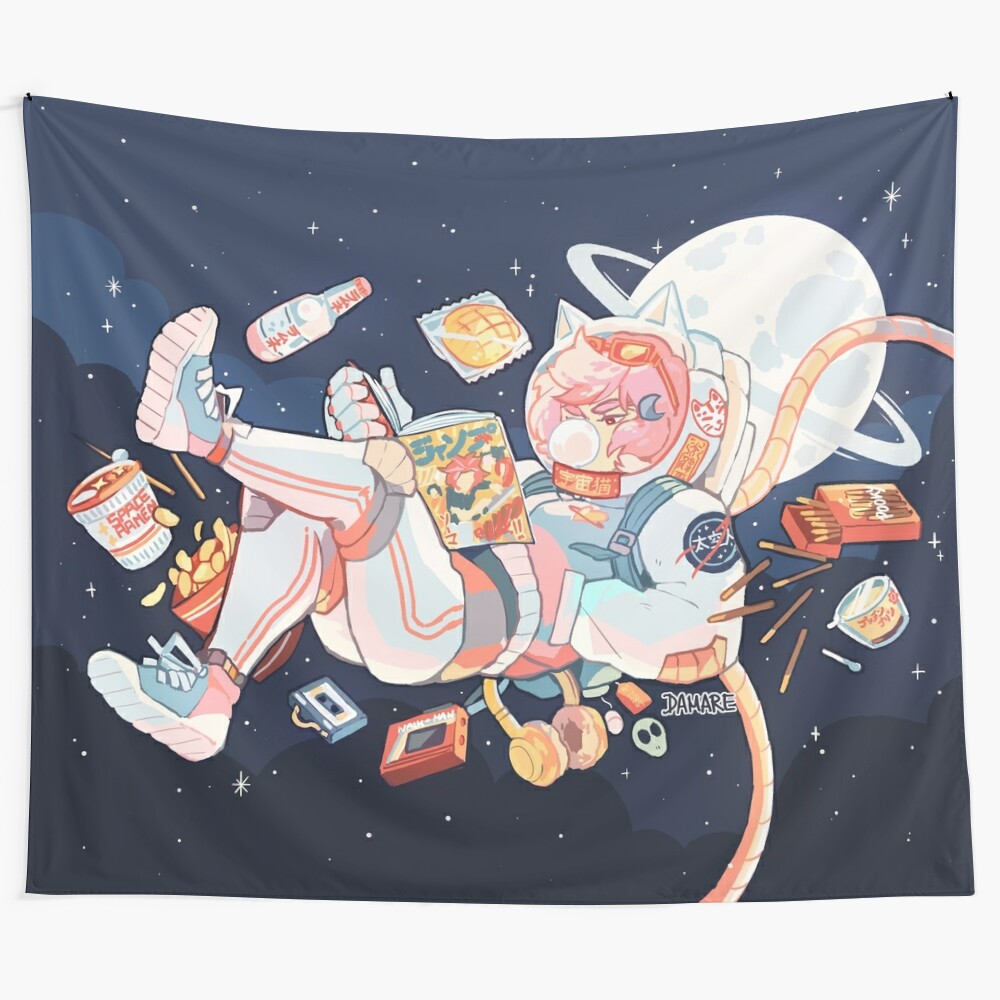 Colorful tapestry featuring a space scene with astronaut cats exploring the galaxy