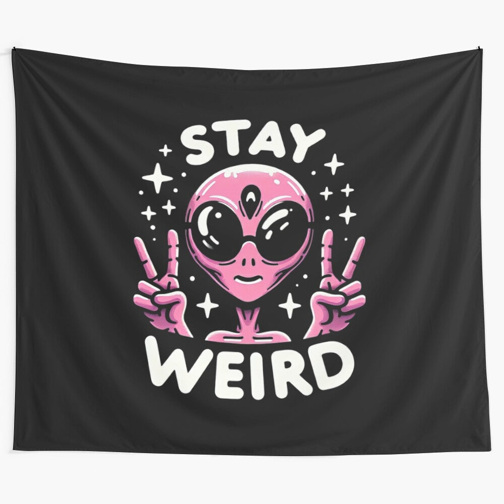 Colorful tapestry featuring a quirky alien UFO design for a unique space-themed wall hanging