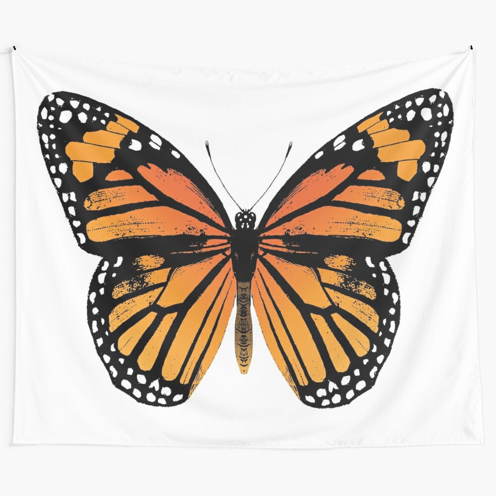 Vibrant monarch butterfly tapestry with wings in orange, black, and white