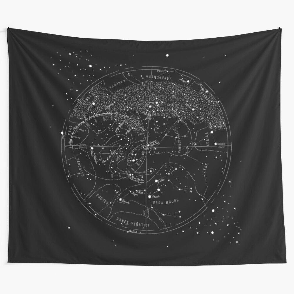 Vintage-inspired detailed star map tapestry wall hanging with cosmic and galactic design