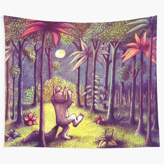 "Let the Wild Rumpus Start" whimsical tapestry featuring monsters from the classic children's book "Where the Wild Things Are"