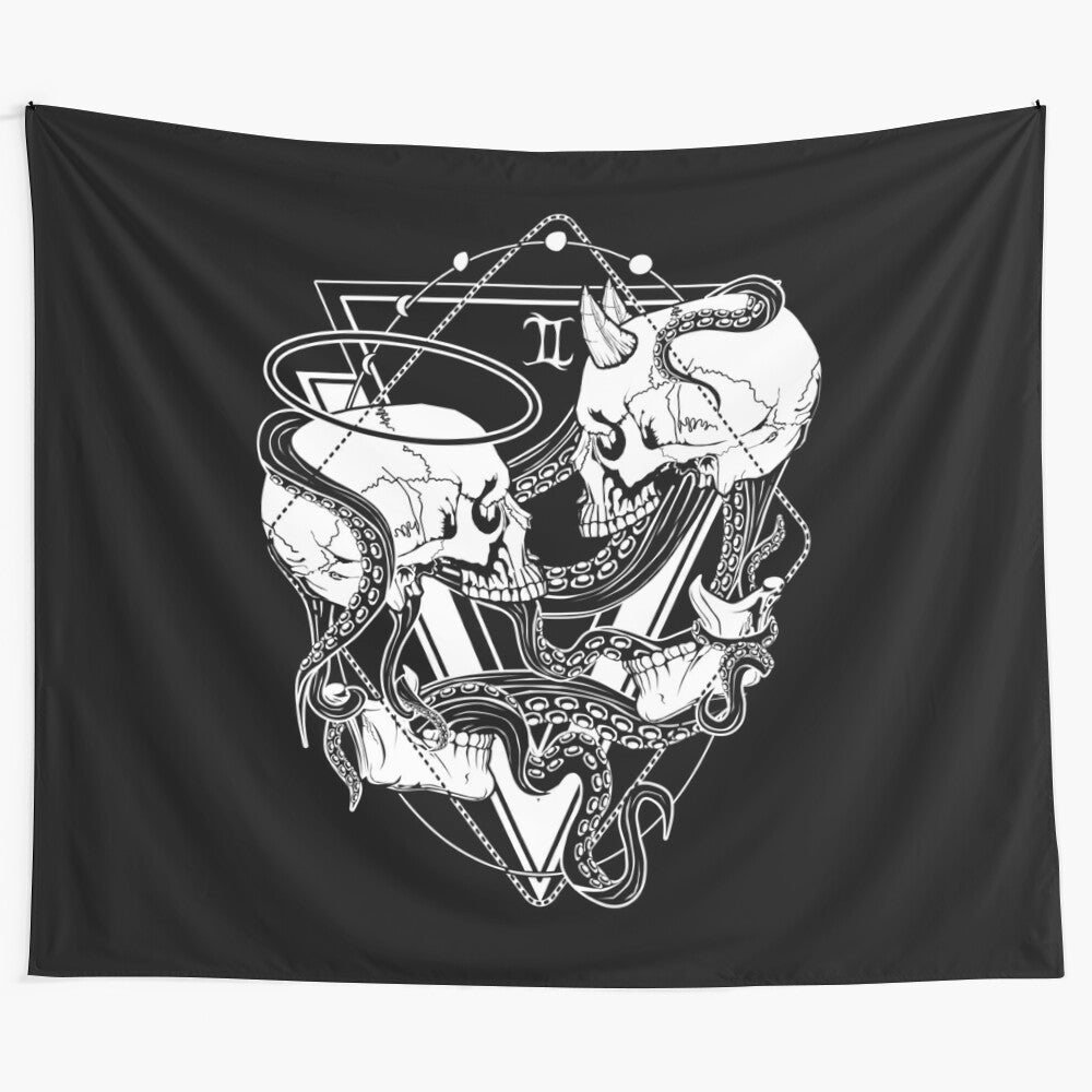 Zodiac-inspired Gemini tapestry with skulls, tentacles, and occult symbolism