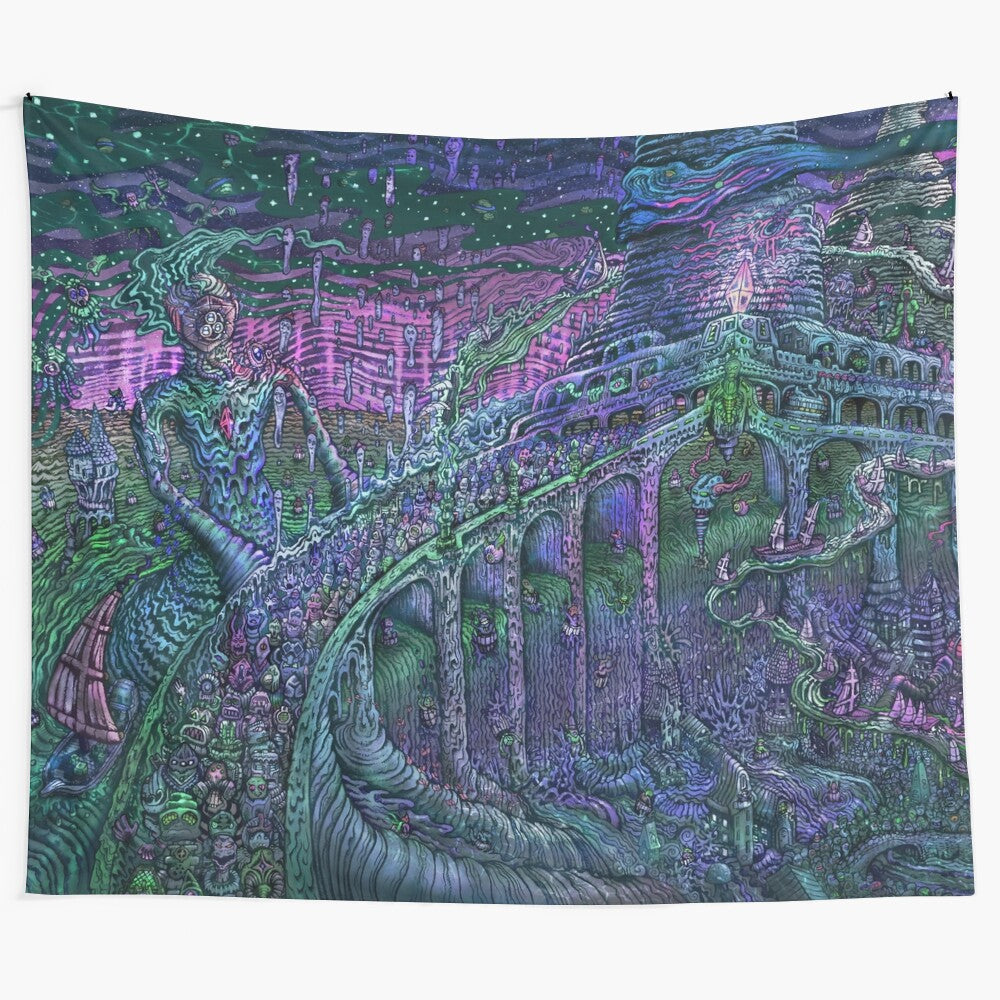 Psychedelic tapestry with a surreal, dreamlike landscape featuring a melting scene