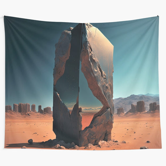 Surreal tapestry depicting a dimensional portal to a fantastical alien landscape