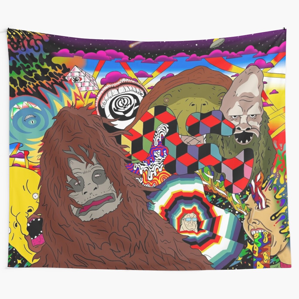 Trippy "The Big Lez Show" wall tapestry featuring a psychedelic sasquatch design