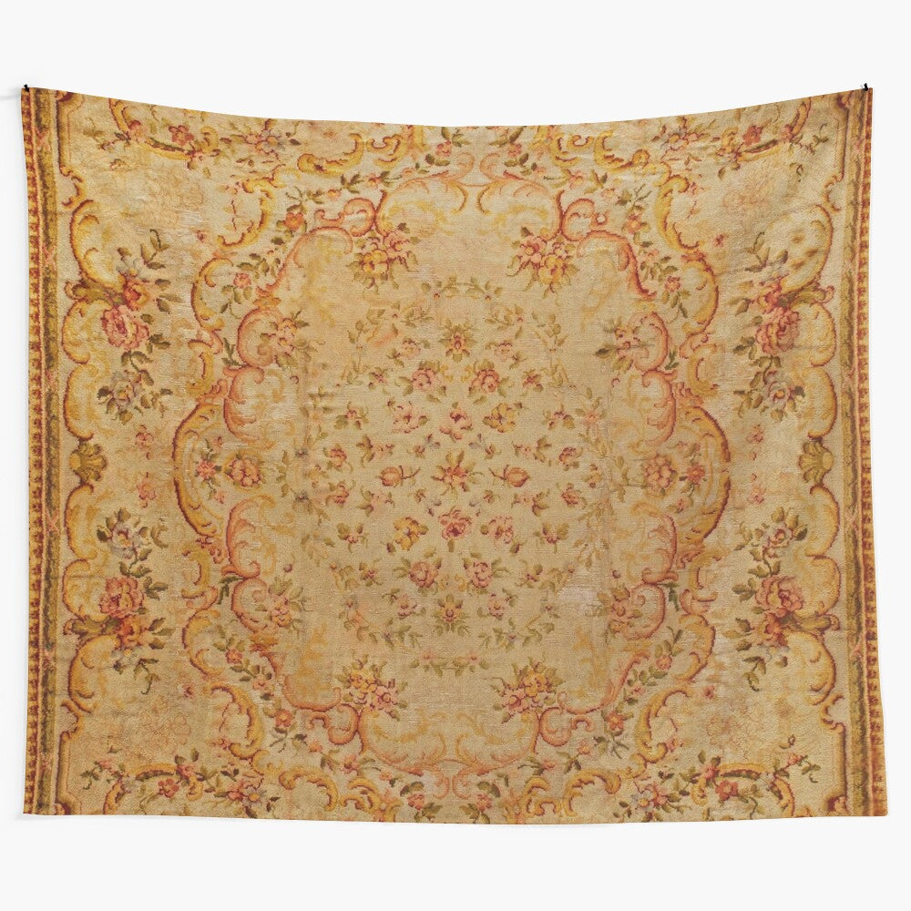 Antique-style French Savonnerie rug print tapestry with floral and nature-inspired patterns