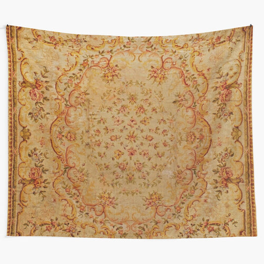 Antique-style French Savonnerie rug print tapestry with floral and nature-inspired patterns