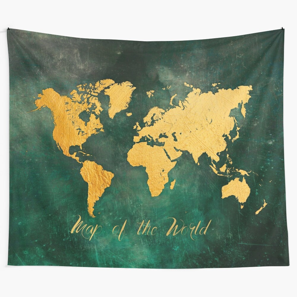 Colorful world map tapestry featuring a detailed cartography design