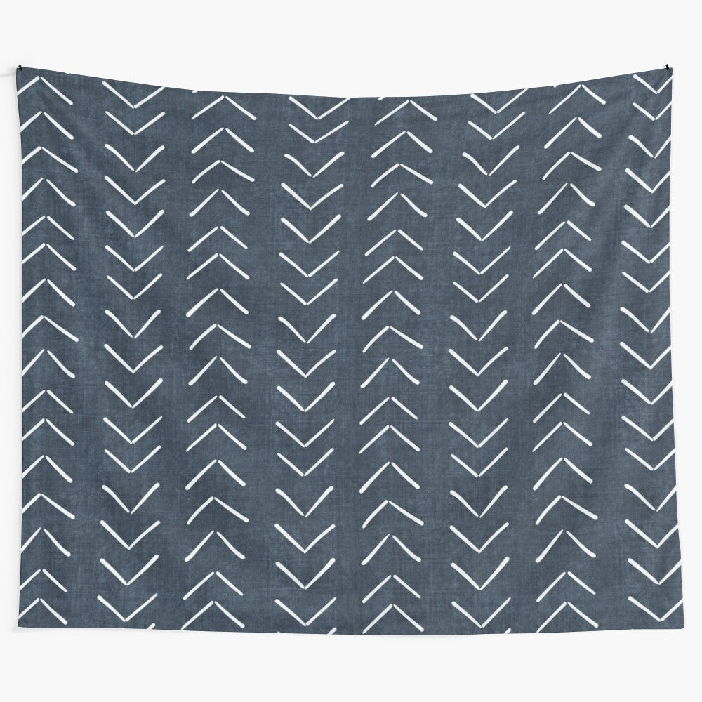 Boho geometric arrow patterned tapestry in navy and white colors