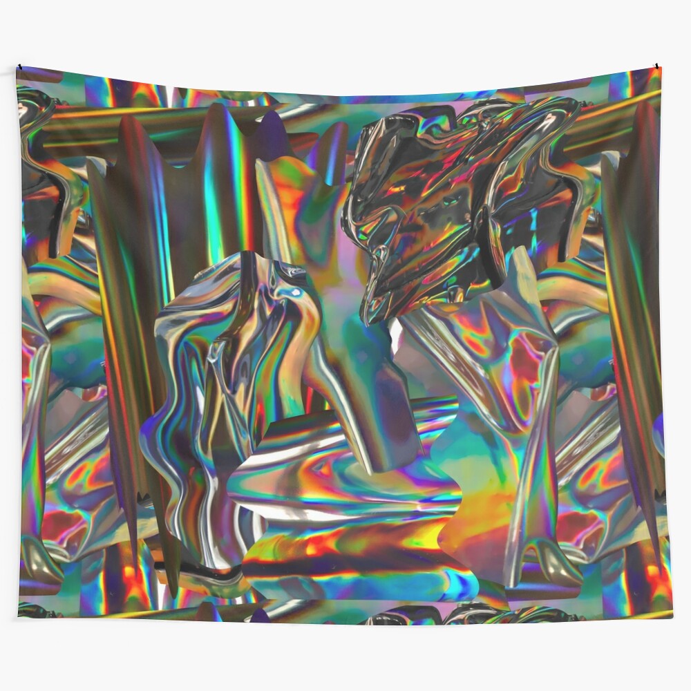 Holographic tapestry with vibrant, color-shifting iridescent pattern