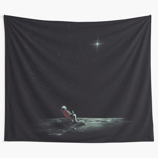 Cosmic Chill Space Tapestry featuring a surreal, abstract design of the night sky, stars, and an astronaut