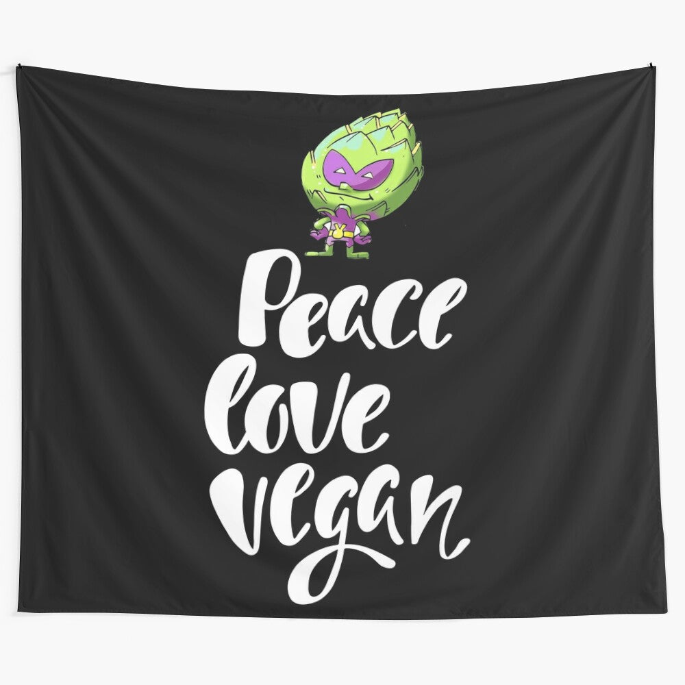 Vibrant tapestry featuring vegan artichoke alien and superhero design