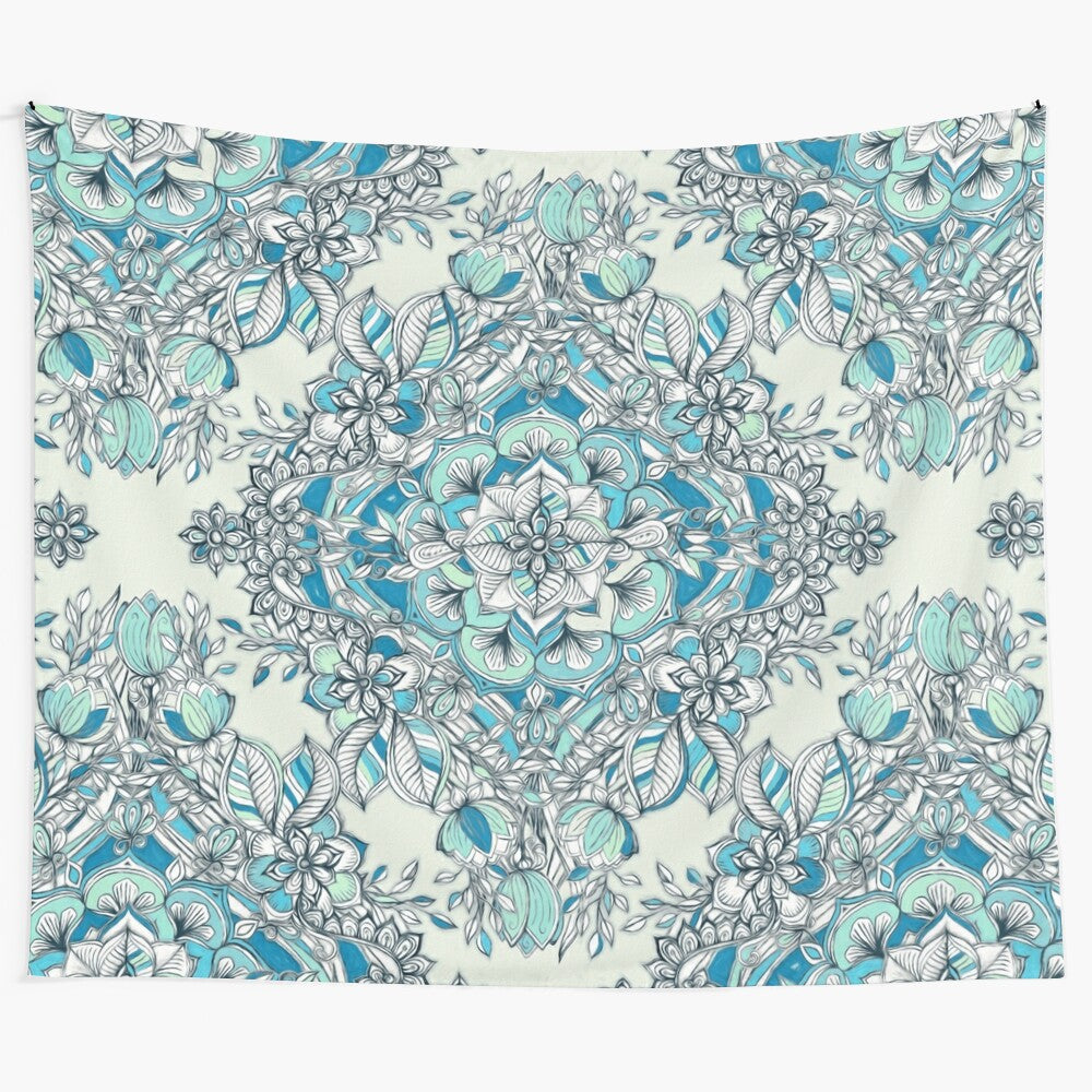 Floral diamond doodle tapestry in teal and turquoise colors