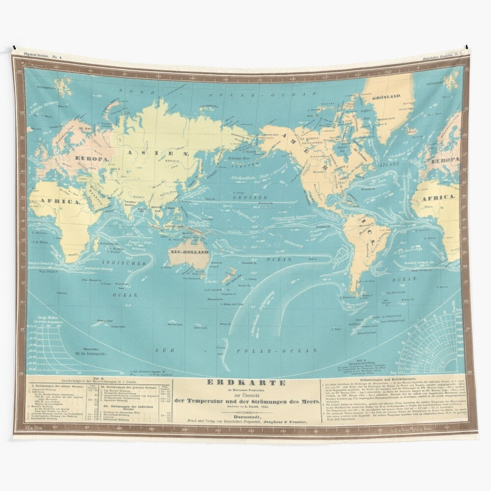 Vintage, antique-style tapestry depicting a detailed map of the world from 1845