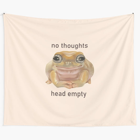 Vibrant frog tapestry with "No Thoughts, Head Empty" text, perfect for cottage core and dorm room decor