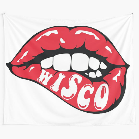 Wisco Lips Tapestry featuring the Wisconsin Badgers logo and Tumblr-style biting lips