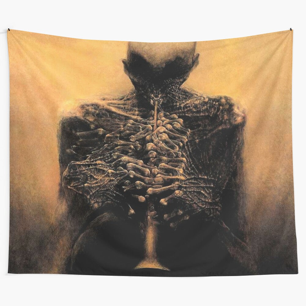 Surrealist tapestry with a dark, mysterious musician figure by Polish artist Zdzislaw Beksinski