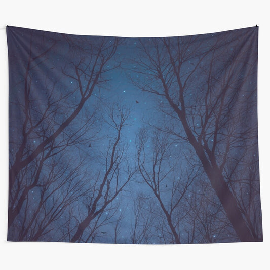 Tapestry featuring an abstract night sky with stars, galaxies, and silhouetted trees