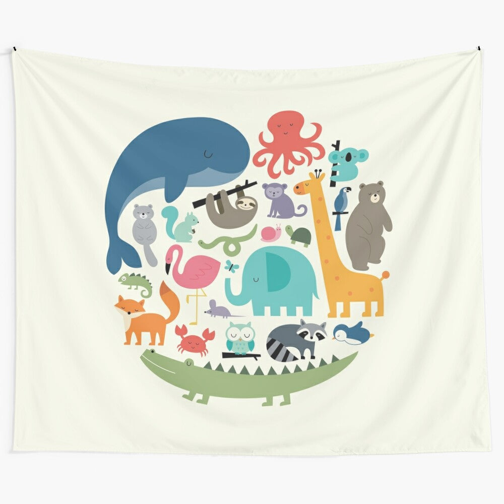 Beautiful tapestry featuring a variety of wildlife animals including elephants, giraffes, and owls