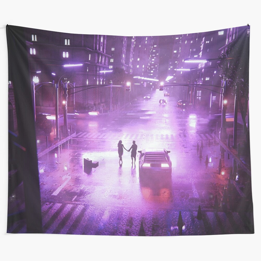 Synthwave-inspired tapestry with neon city, retro car, and cyberpunk atmosphere