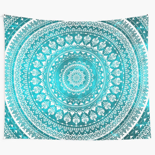 Turquoise mandala wall tapestry with cosmic and floral patterns