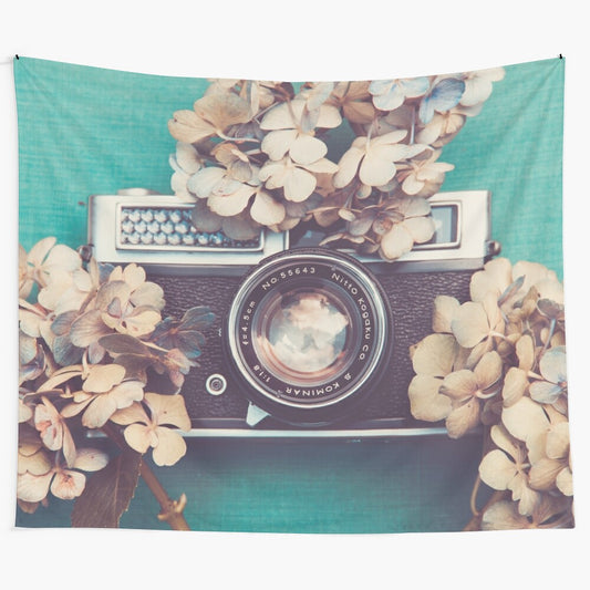 Vintage camera and hydrangea botanical tapestry wall art