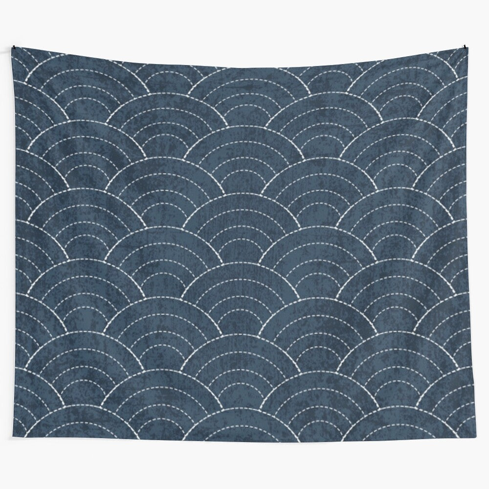 Japanese-inspired tapestry with a captivating circular pattern in blue and white