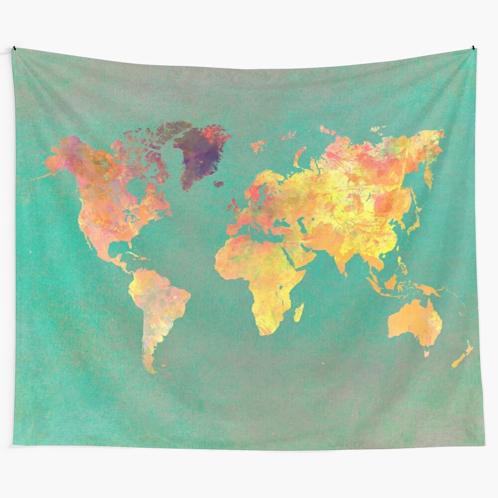 World map tapestry featuring a detailed, colorful design