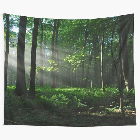 Lighted Forest Tapestry featuring a scenic landscape with mountains, trees, and a waterfall