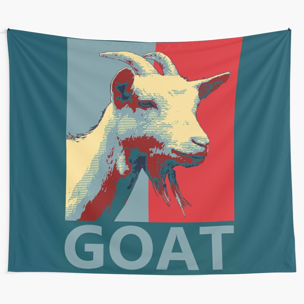 Goat tapestry with Obama 'Hope' design, offering a humorous, politically-charged and satirical take on American politics and democracy.