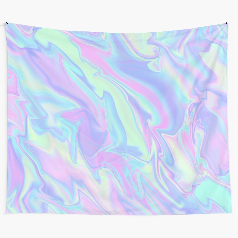 Iridescent holographic tapestry with swirling psychedelic patterns