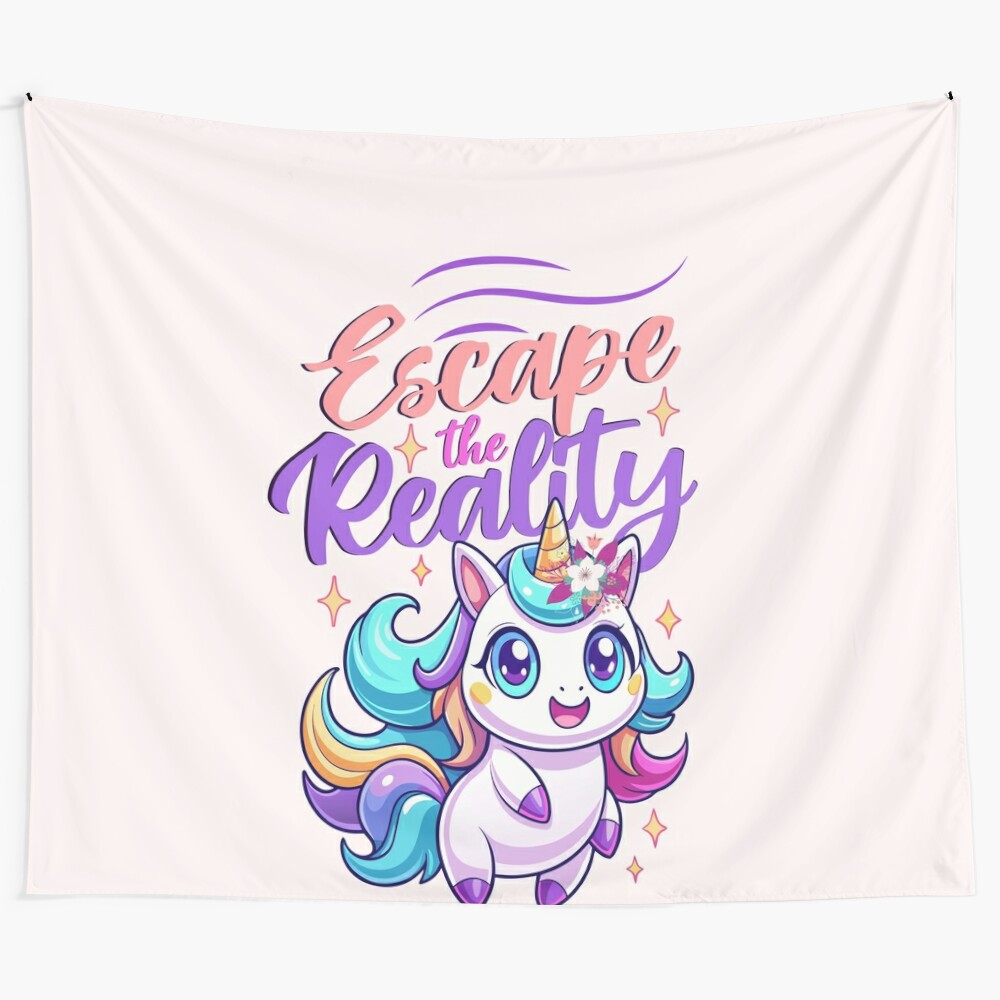 Whimsical tapestry featuring a chubby, colorful unicorn in pastel goth style