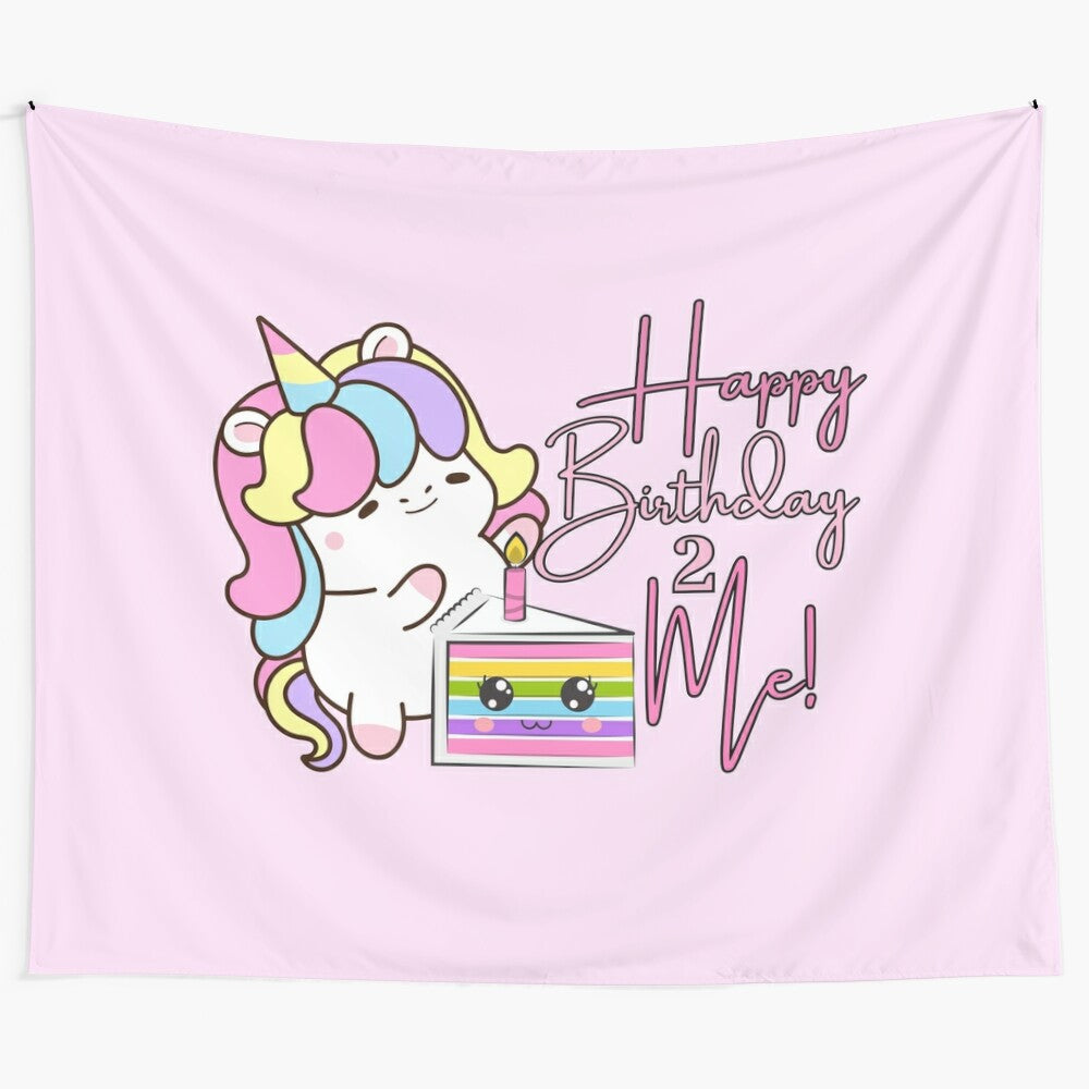 Colorful tapestry with adorable kawaii unicorn and rainbow cake design