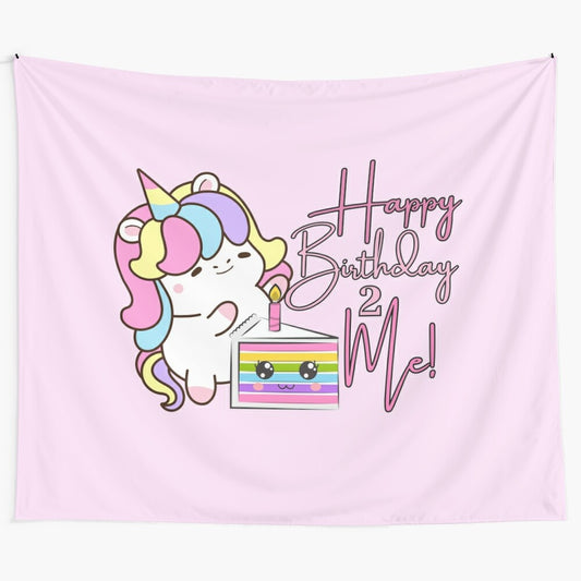 Colorful tapestry with adorable kawaii unicorn and rainbow cake design