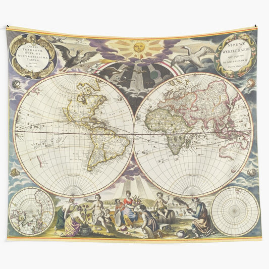 Vintage-inspired historical world map tapestry wall hanging