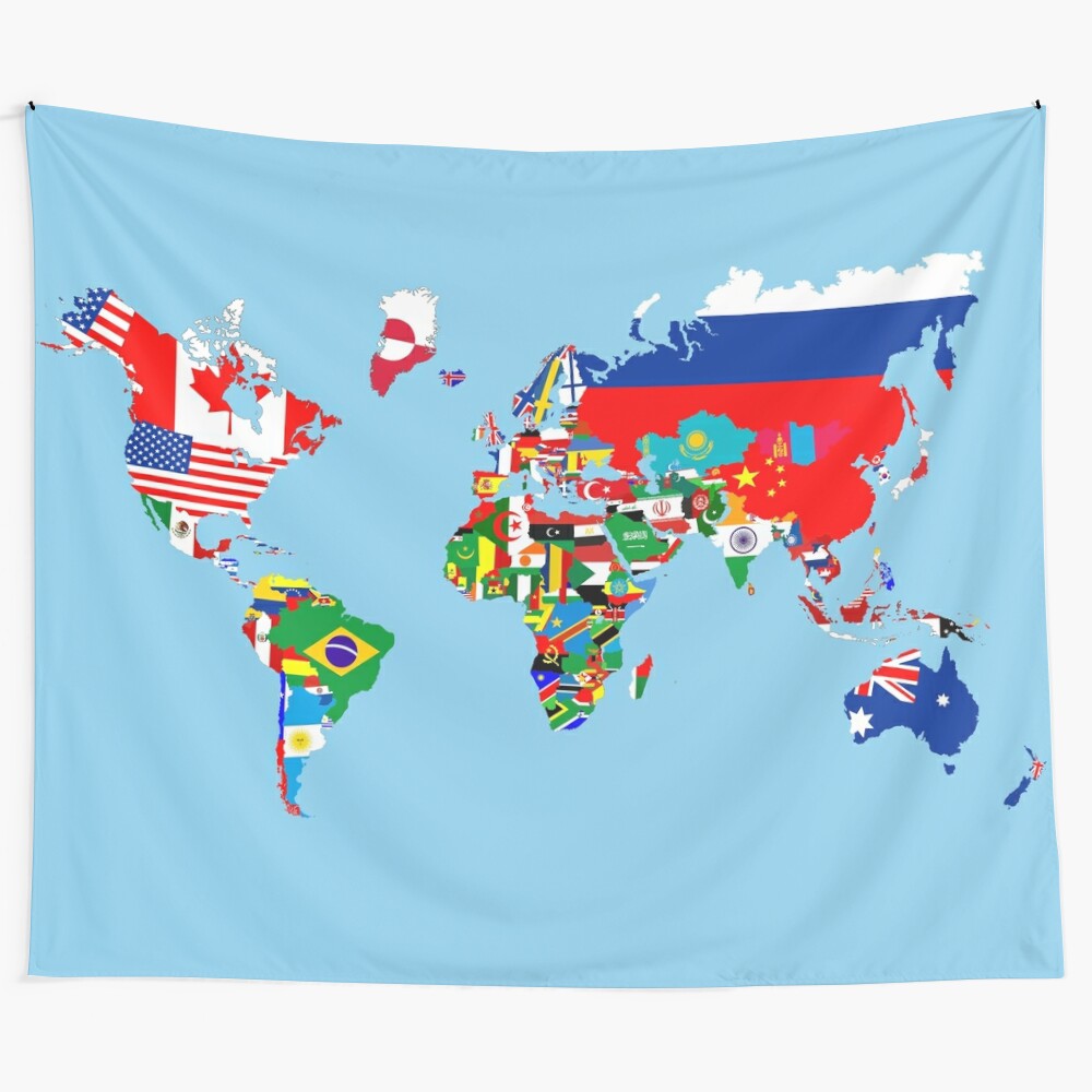 Detailed world map tapestry featuring silhouette country flags and shapes