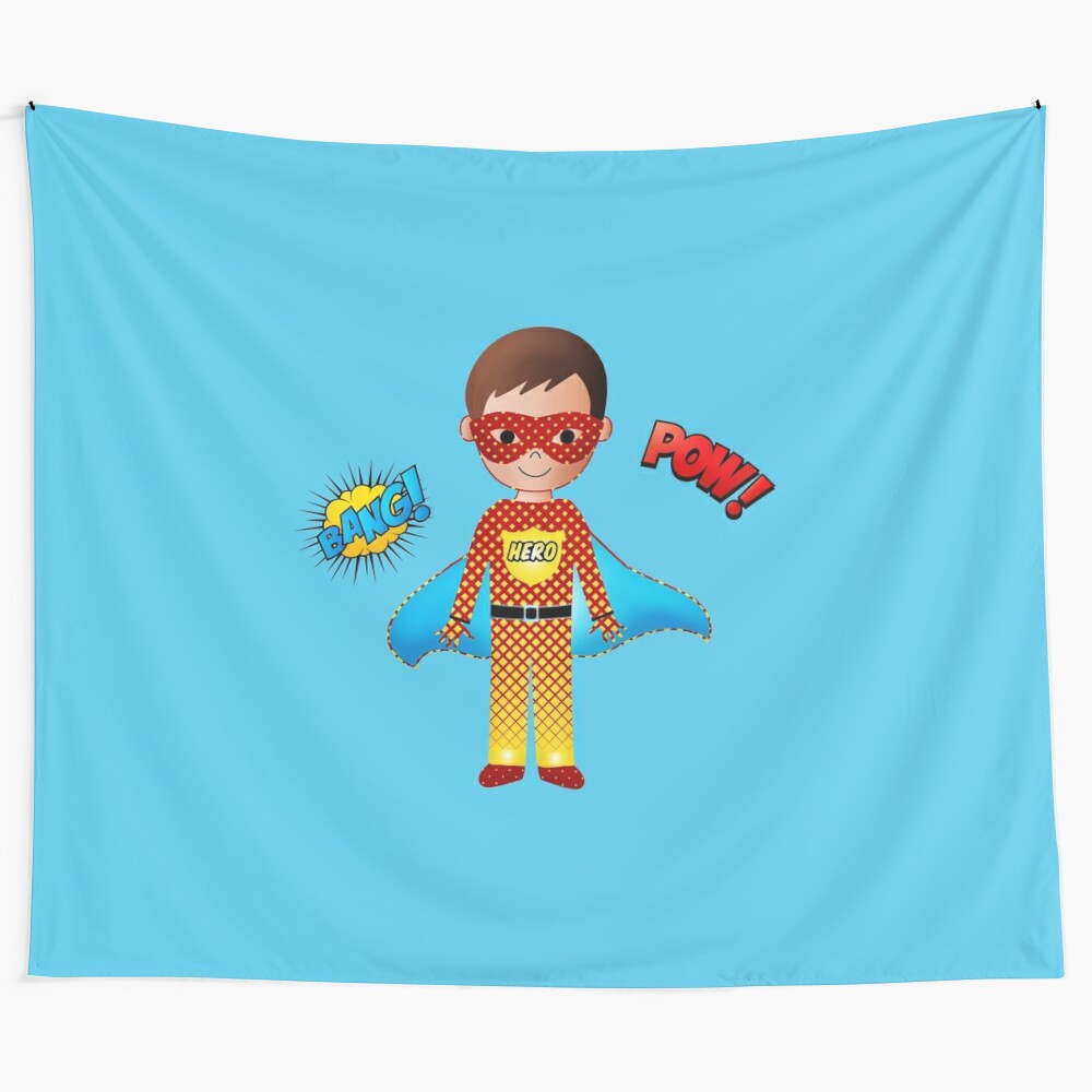 Colorful superhero illustration printed on a high-quality tapestry