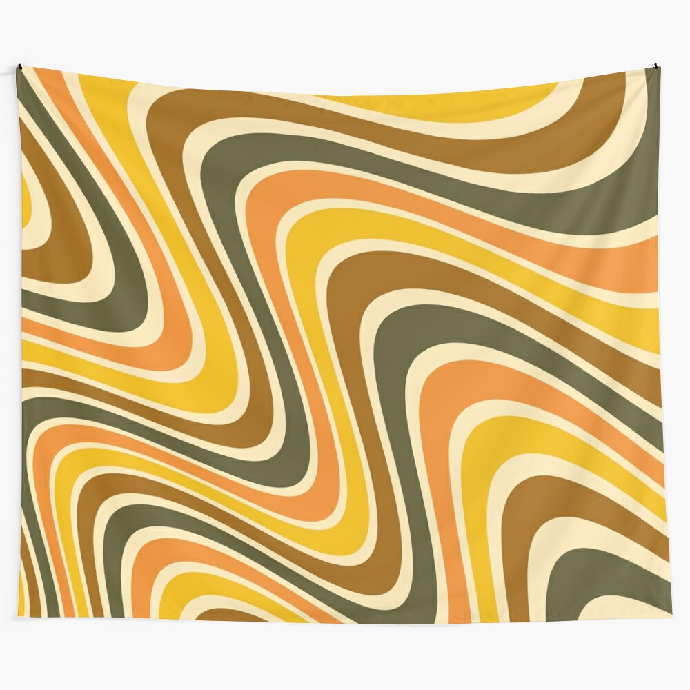 Retro 70s sunset tapestry with vibrant wavy pattern