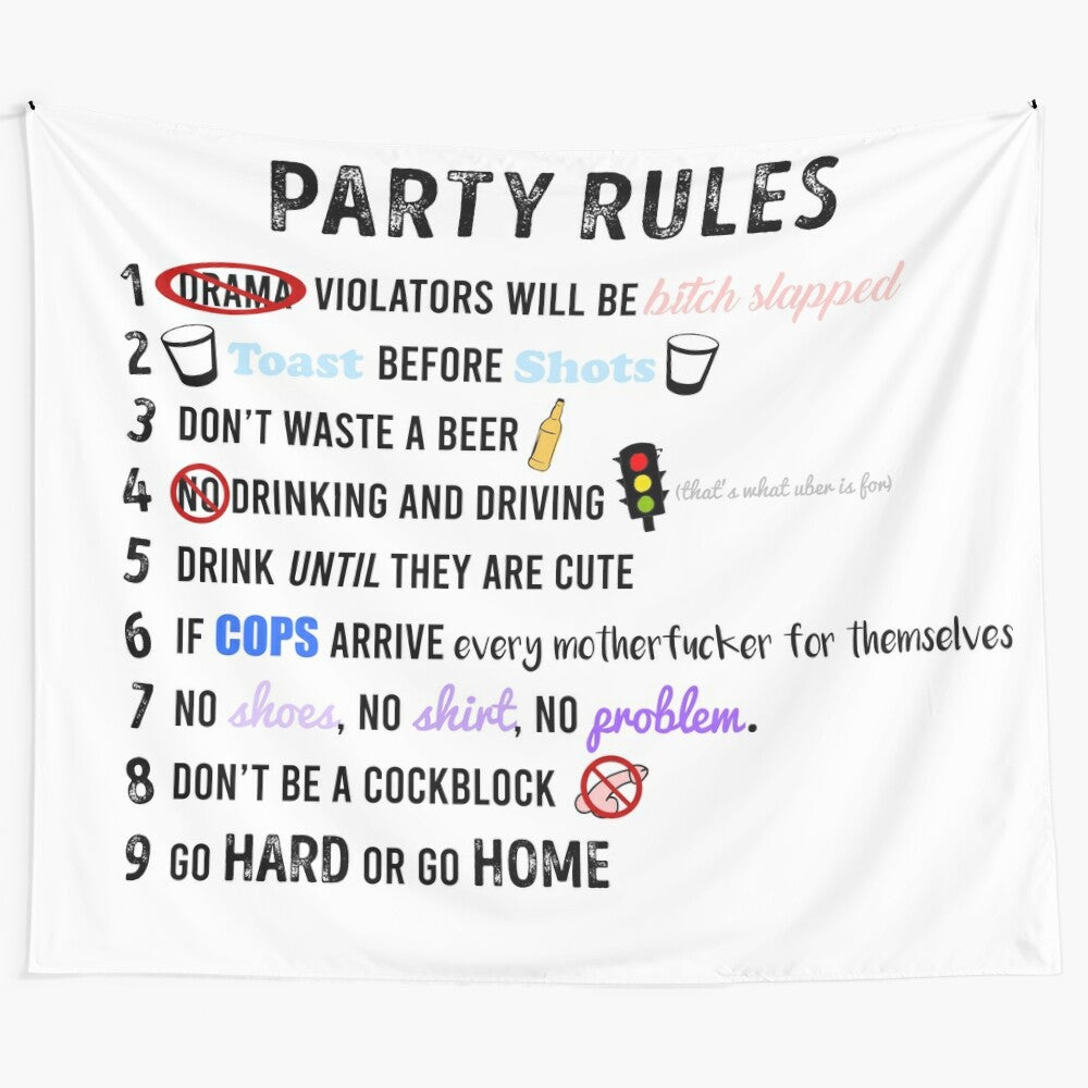 Trendy party rules tapestry with college, frat, and drinking-themed text and graphics