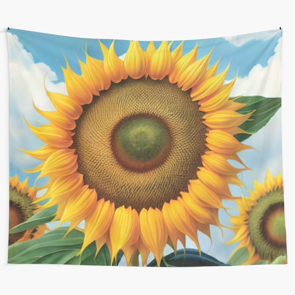 Sunflower botanical tapestry with vibrant yellow petals and greenery