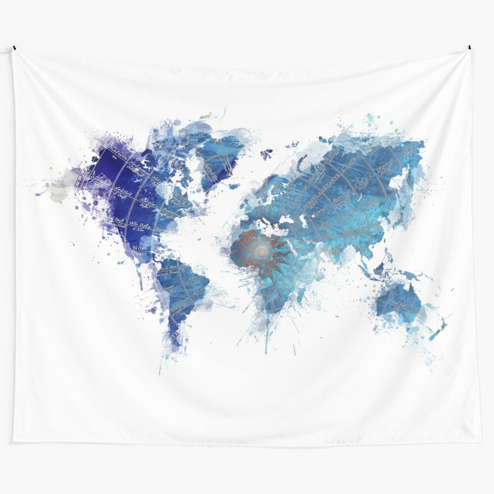 Vibrant watercolor world map tapestry with wind rose typography