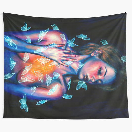 Ethereal, surreal female portrait tapestry with moth, butterfly, and heart elements