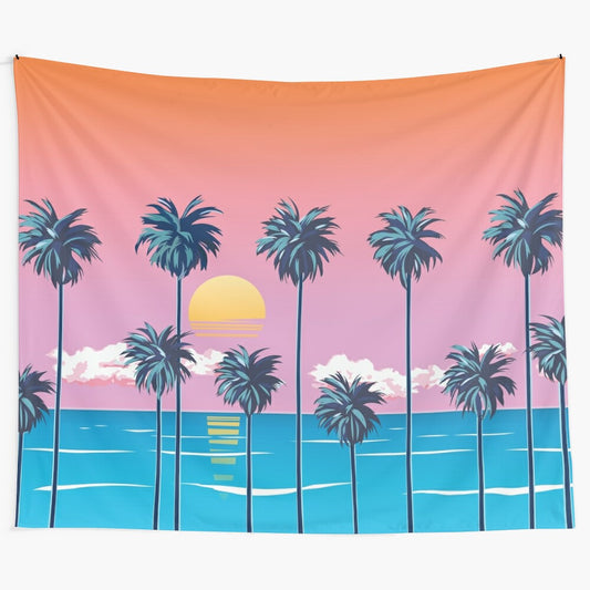 Tropical palm tree tapestry with a vibrant sunset sky