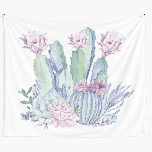 Artistic tapestry featuring a trendy desert cactus and floral design