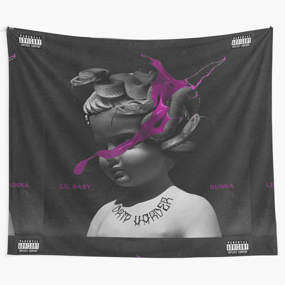 Lil Baby Gunna Drip Harder inspired tapestry wall hanging featuring album art and urban style design