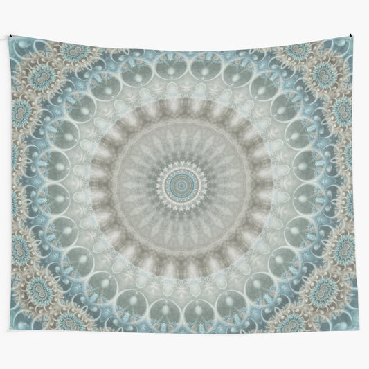 Dreamy grey, blue and ivory mandala tapestry with a kaleidoscopic fractal design