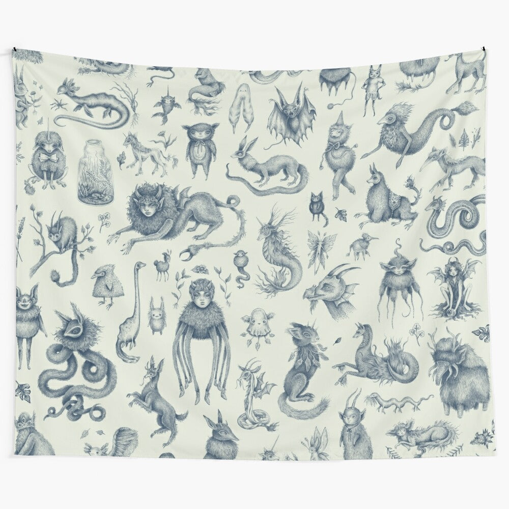 Whimsical fantasy tapestry featuring pastel-colored magical creatures and cryptids