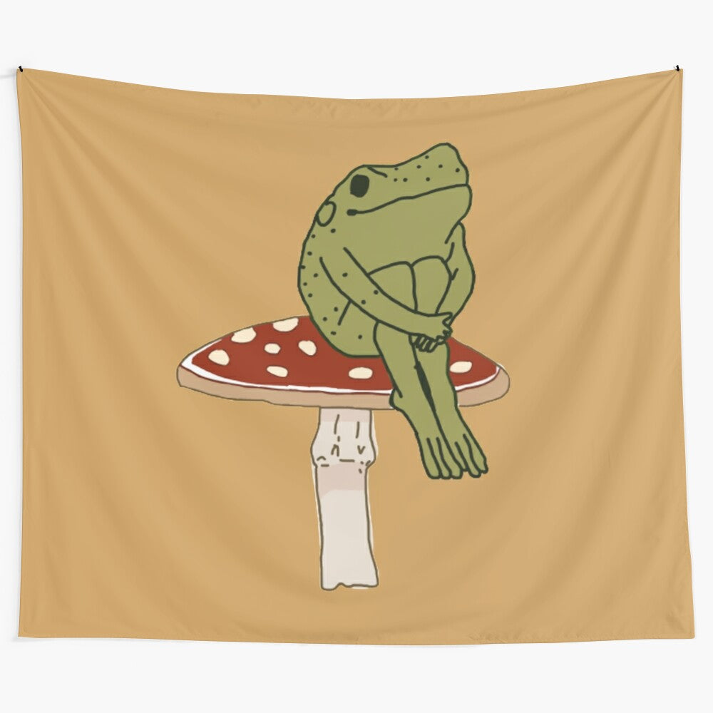 A whimsical green frog sitting on a mushroom in a nature-inspired tapestry design